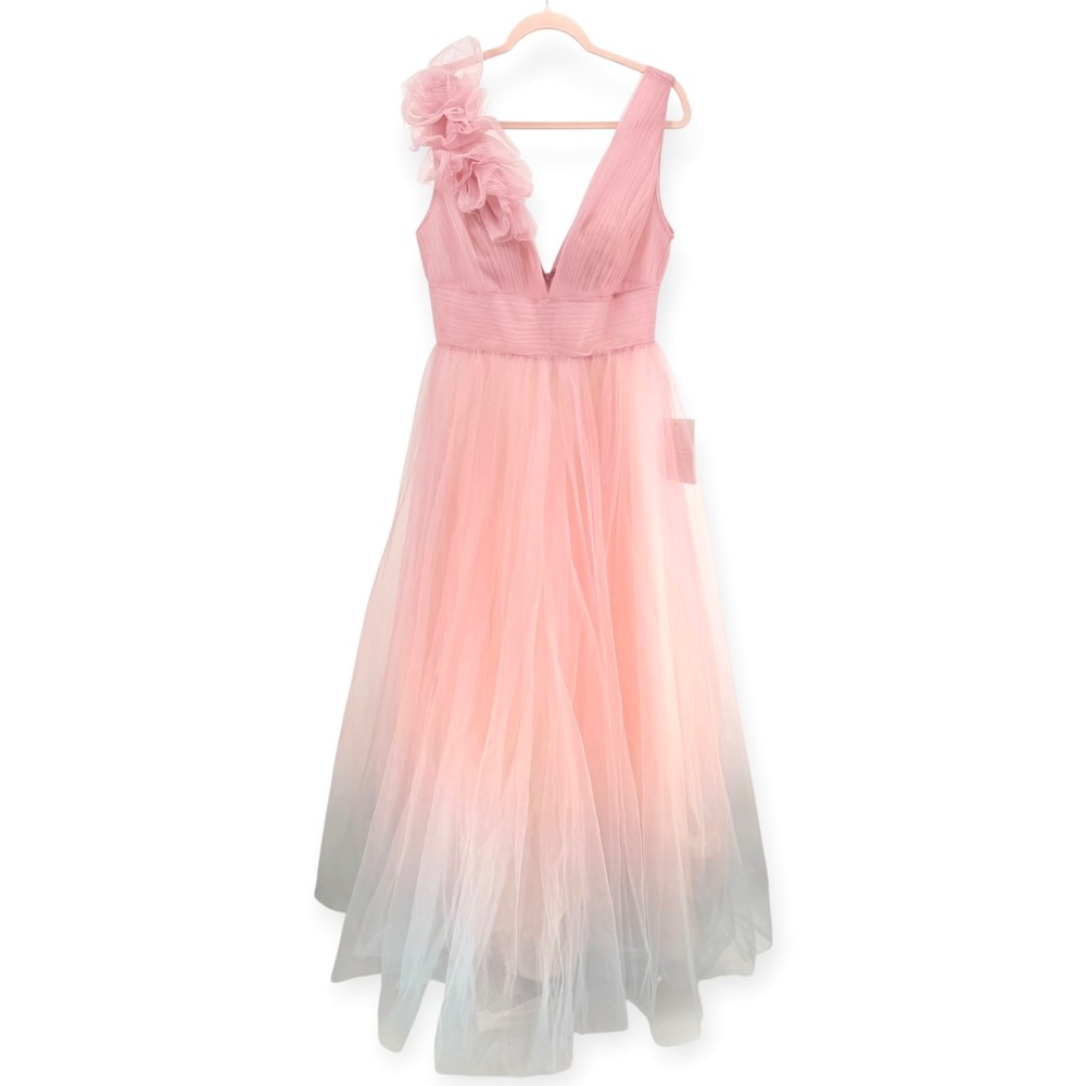 NWT Mac Duggal Pink Ruffle Shoulder V Neck Ombre Tulle Ball Gown - Size 10 - Picture 5 of 14